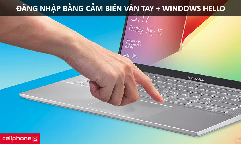 cảm biến vân tay đặt ngay trên vùng di chuột kết hợp cùng tính năng Windows Hello