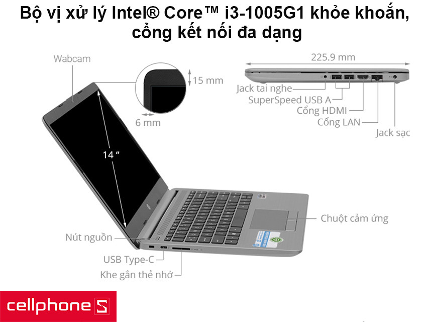 Bộ vị xử lý Intel Core i3-1005G1 khỏe khoắn, cổng kết nối đa dạng