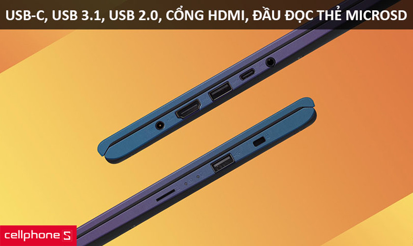 Asus Vivobook 15 A512DA-EJ422Tbao gồm USD type C, USB 3.1, USD 2.0, HDMI và Micro SD