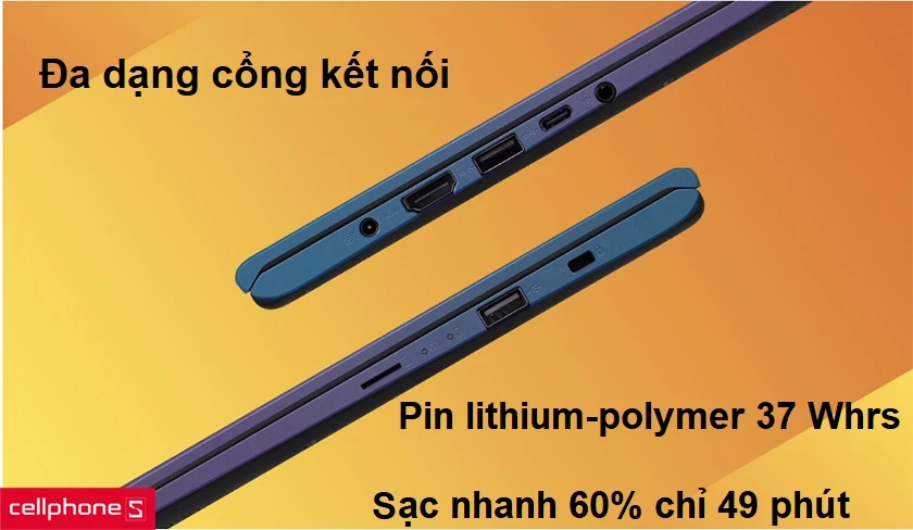 Pin dung lượng lớn 37 Whrs hỗ trợ sạc nhanh cùng đa dạng cổng kết nối