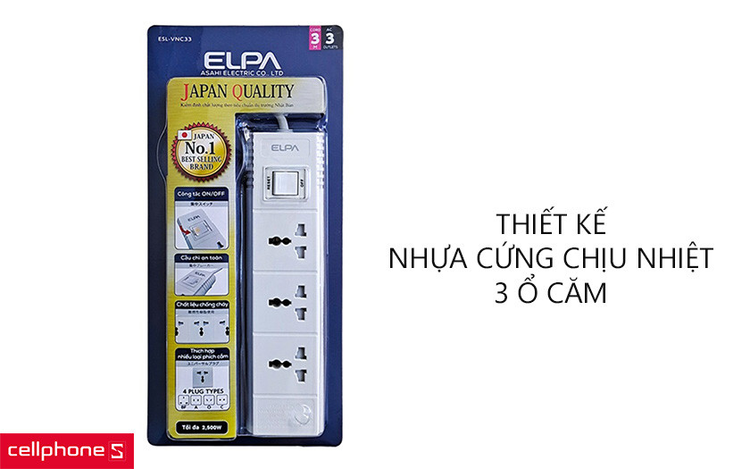 Thiết kế nhựa cứng chịu nhiệt, 3 ổ cắm