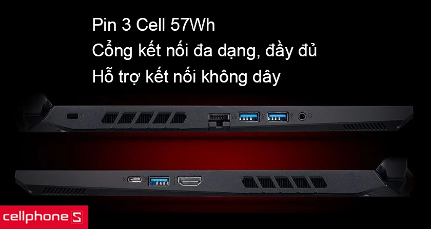 Pin 3 Cell 57Wh, cổng kết nối đa dạng và hỗ trợ các kết nối không dây