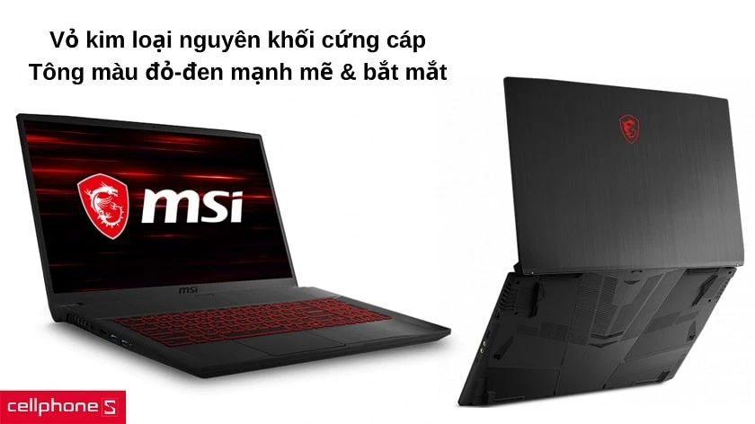 Thân máy cứng cáp với vỏ kim loại xước cùng tông màu đỏ-đen mạnh mẽ