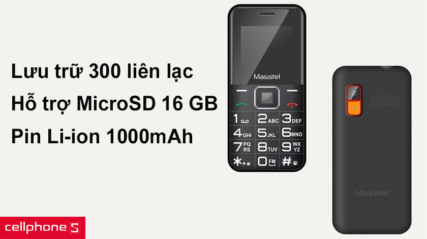 Lưu trữ danh bạ lên tới 300 liên lạc, pin 1000mAh cho thời gian đàm thoại 6 giờ