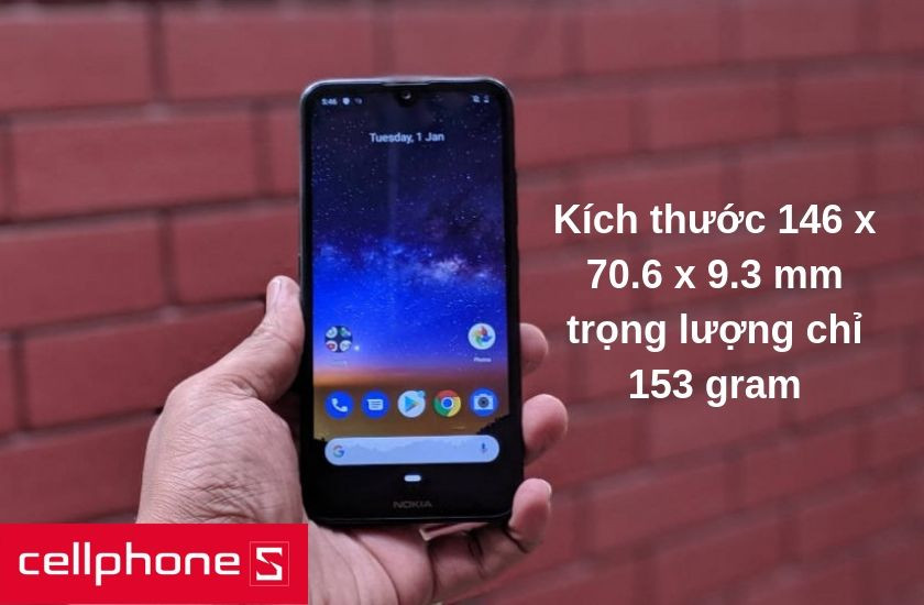 Điện thoại với kích thước 146 x 70.6 x 9.3 mm (5.75 x 2.78 x 0.37 in) và trọng lượng chỉ 153 gram