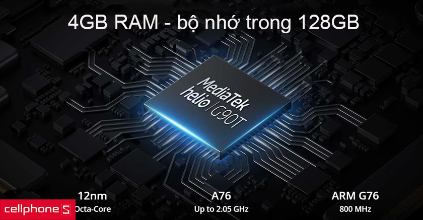 Hiệu năng ấn tượng với chip MediaTek Helio G90, RAM 4GB và bộ nhớ trong 64GB