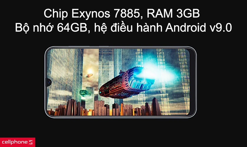 Hiệu năng tốt với con chip Exynos 7885 8 nhân, RAM 3GB, bộ nhớ 64GB, hệ điều hành Android v9.0