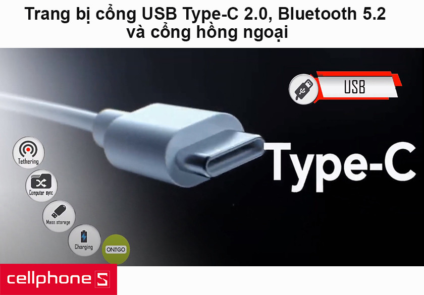 Trang bị cổng USB Type-C 2.0, Bluetooth 5.2 và cổng hồng ngoại