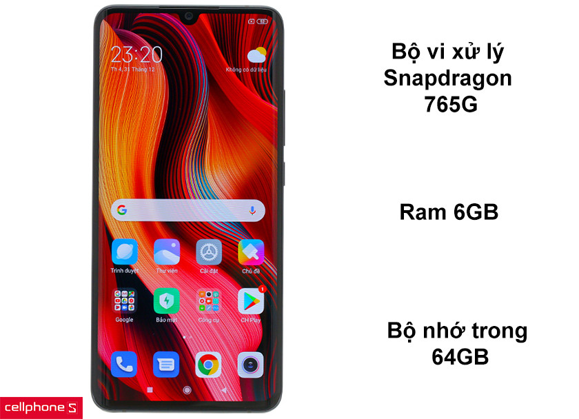 Bộ vi xử lý Snapdragon 765G, Ram 6GB, bộ nhớ trong 64GB