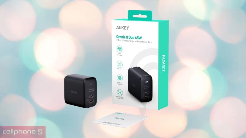 Sạc Aukey PD 45W PA-B4T 2 cổng, chấu gập - Tiết kiệm thời gian sạc, công suất lớn 