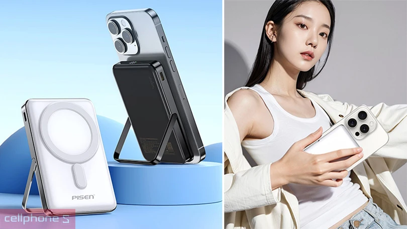 Tốc độ pin sạc dự phòng không dây Pisen siêu nhỏ 30W 2 in 1 D080