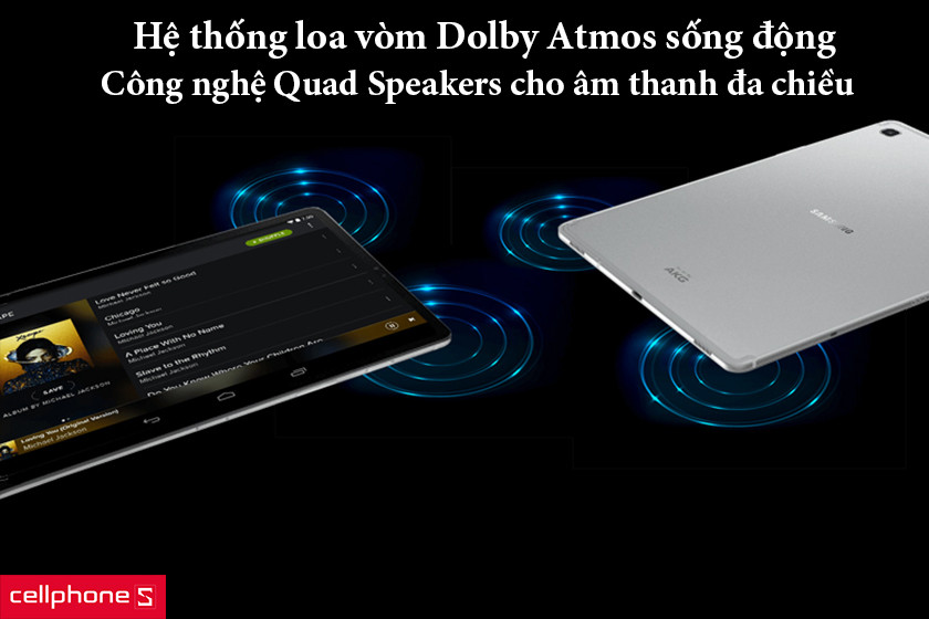 Galaxy Tab S5E được trang bị bốn loa tinh chỉnh AKG, cho chuẩn âm thanh vòm Dolby Atmos