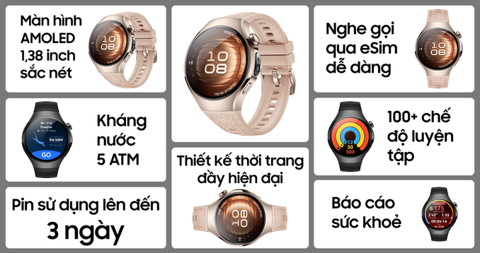 Đồng hồ thông minh Huawei Watch 5 42mm Thép Lưng Gốm Vàng