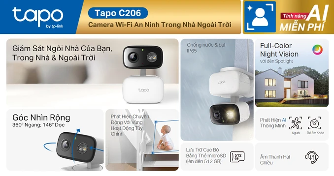 Camera IP trong nhà/ngoài trời 360 độ 2MP Tp-Link Tapo C206