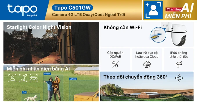 Camera IP 4G ngoài trời 360 độ 2MP TP-Link Tapo 4G C501GW
