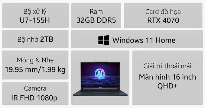 Laptop MSI Stealth 16 AI Studio A1VGG-240VN