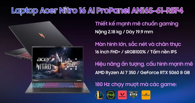 Laptop Acer Gaming Nitro 16 AI ProPanel AN16S-61-R5F4