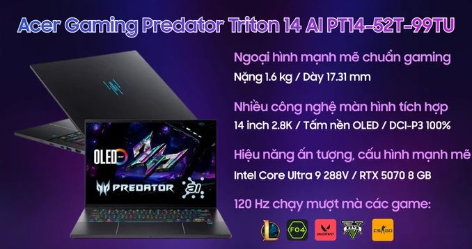 Laptop Acer Gaming Predator Triton 14 AI PT14-52T-99TU