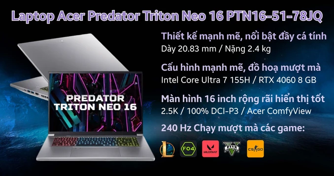 Laptop Acer Predator Triton Neo 16 PTN16-51-78JQ