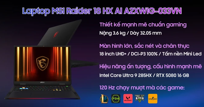 Laptop MSI Raider 18 HX AI A2XWIG-033VN
