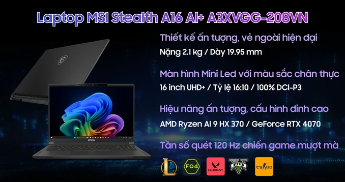 Laptop MSI Stealth A16 AI+ A3XVGG-208VN