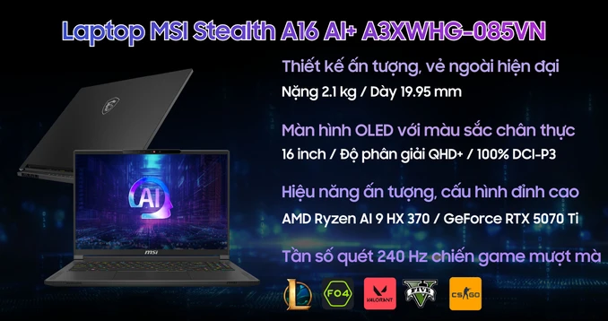 Laptop MSI Stealth A16 AI+ A3XWHG-085VN