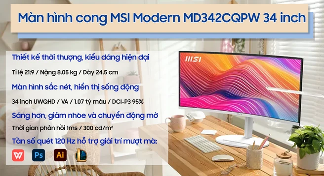 Màn hình cong MSI Modern MD342CQPW Type C PD 98W 34 inch