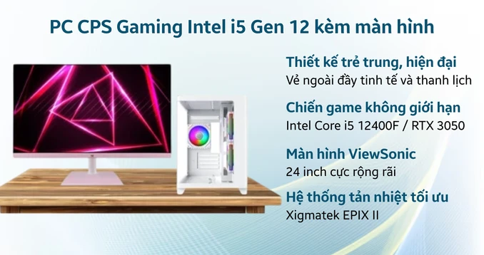 PC CPS Gaming Intel i5 Gen 12 kèm màn hình - Trắng Hồng