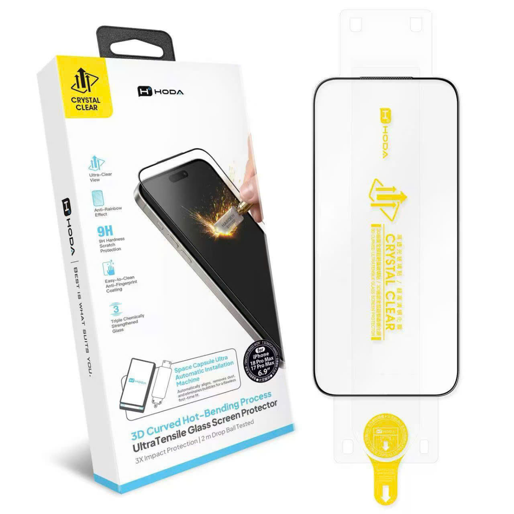 Dán kính cường lực màn hình iPhone 18 Pro Max/17 Pro Max Hoda 3d Purevision Clear Full Viền Đen Cao Cấp