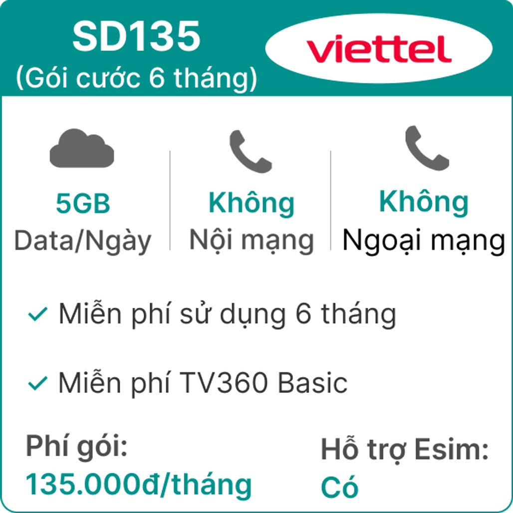 Sim Viettel SD135 5GB/Ngày - Gói cước 6 tháng