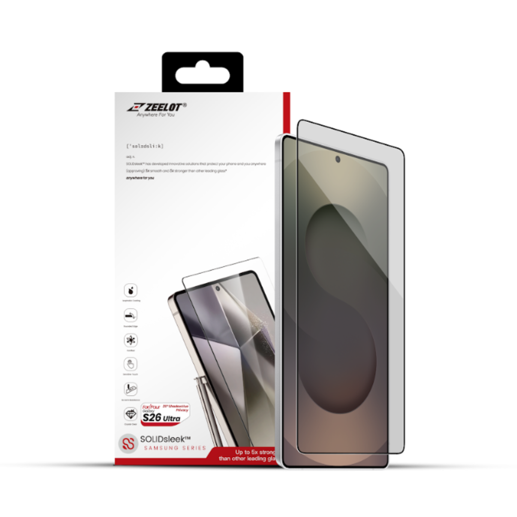 Dán kính cường lực màn hình Samsung Galaxy S26 Ultra Zeelot chống nhìn trộm Solidsleek Full viền đen cao cấp (có khay hỗ trợ dán)