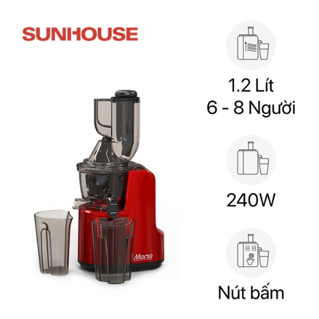 Máy Ép Chậm Sunhouse SHD5505 - 1.2L, Động Cơ Đồng, 3 Chế Độ Tốc Độ, Vàng Đồng - Đỏ/Đen