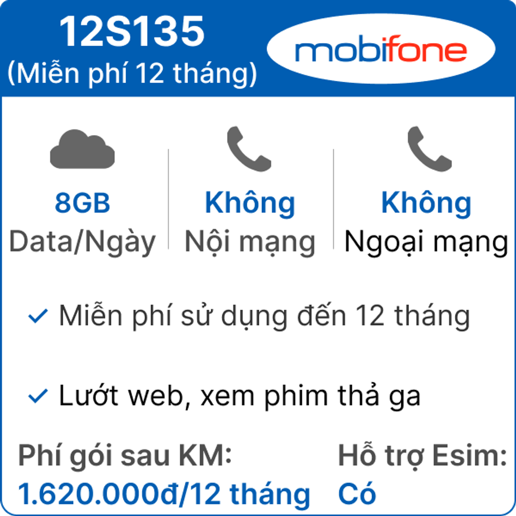 Sim 4G Mobifone 12S135 8GB/ngày - 12 tháng (Thành phẩm)