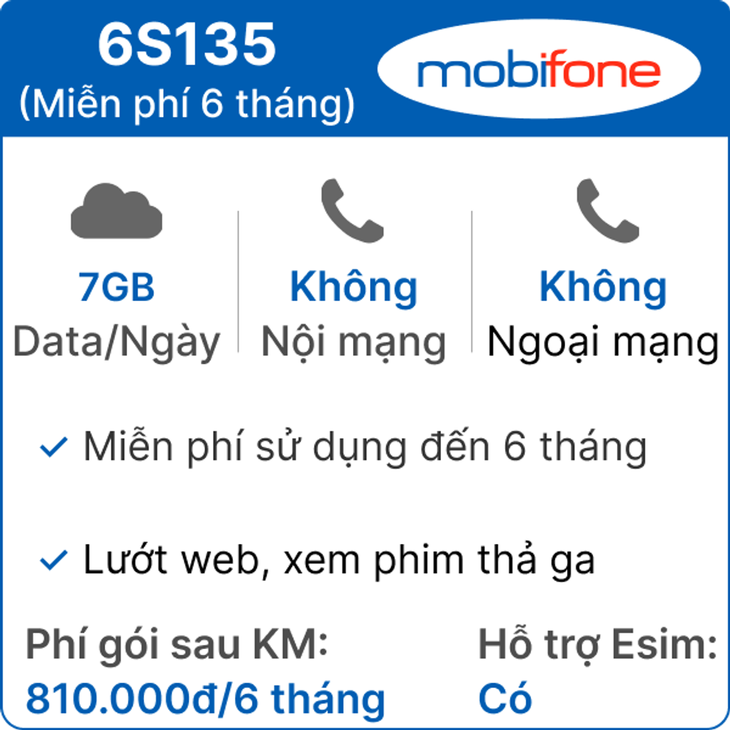 Sim 4G Mobifone 6S135 7GB/ngày - 6 tháng (Thành phẩm)