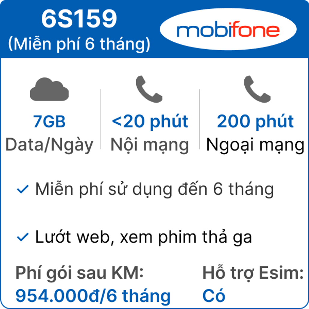 Sim 4G Mobifone 6S159 7GB/ngày có nghe gọi - 6 tháng (Thành phẩm)