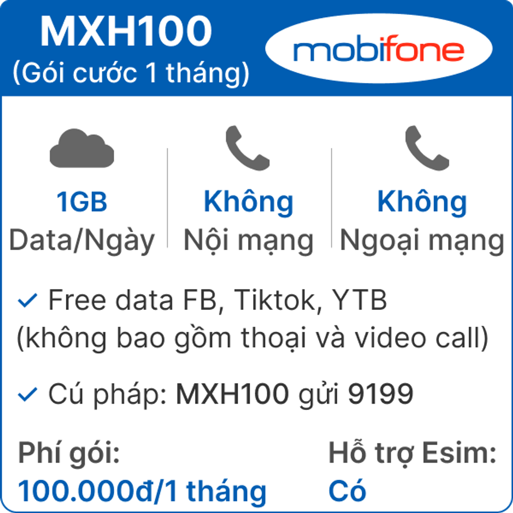 Sim 4G Mobifone Mxh100 1Gb/Ngày Free Tiktok - Ytb - Fb - 1 Tháng (Thành Phẩm)