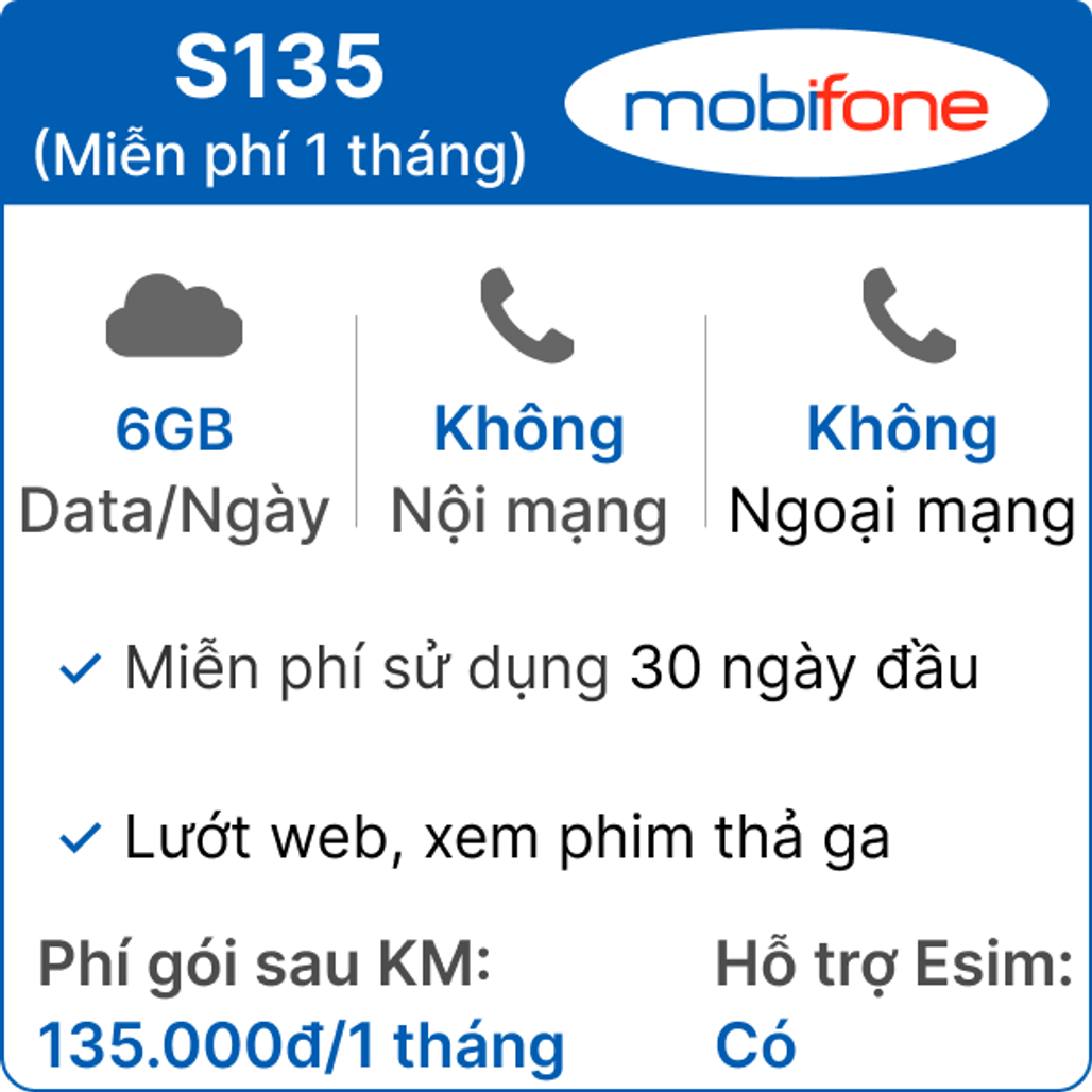 Sim Mobifone S135 6GB/ngày 1 tháng