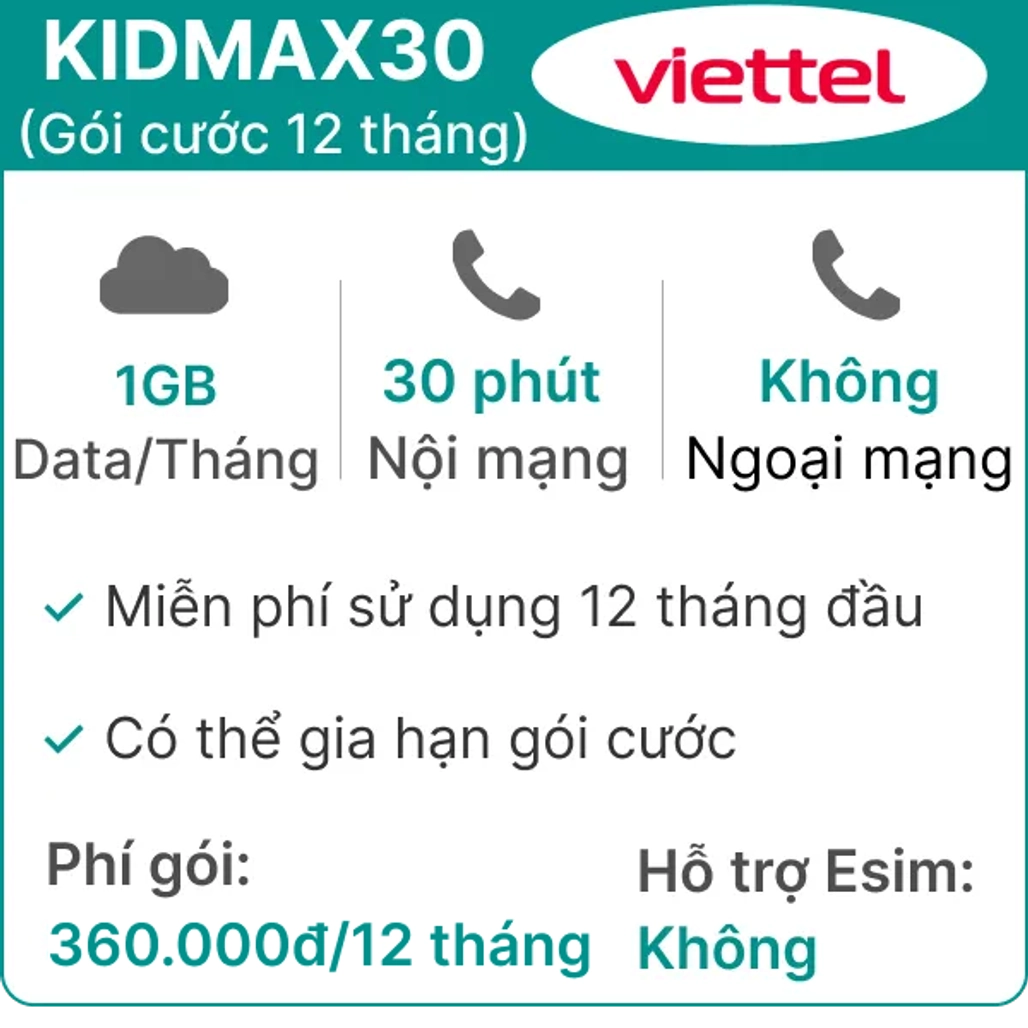 Sim 4G Viettel 12KIDMAX30 Free 12 tháng