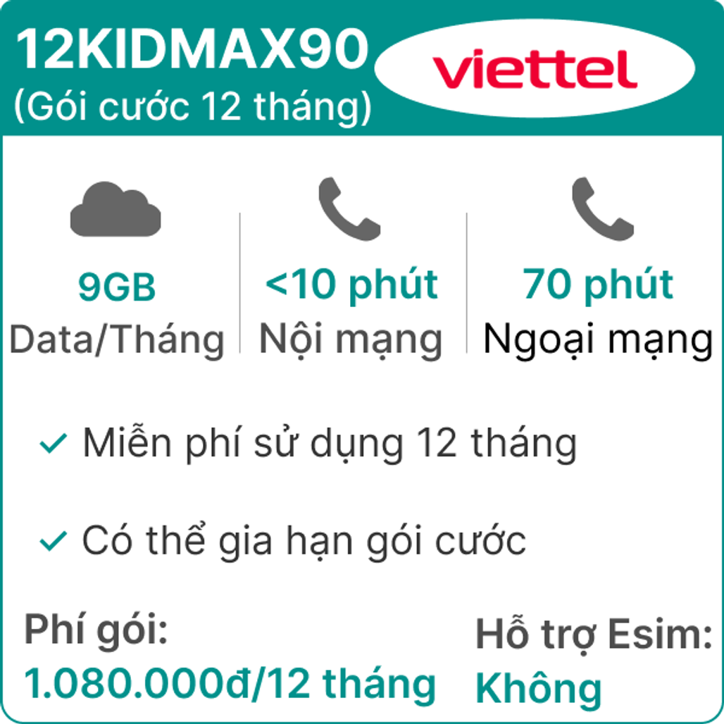 Sim 4G Viettel 12KIDMAX90 9GB/tháng - 12 tháng