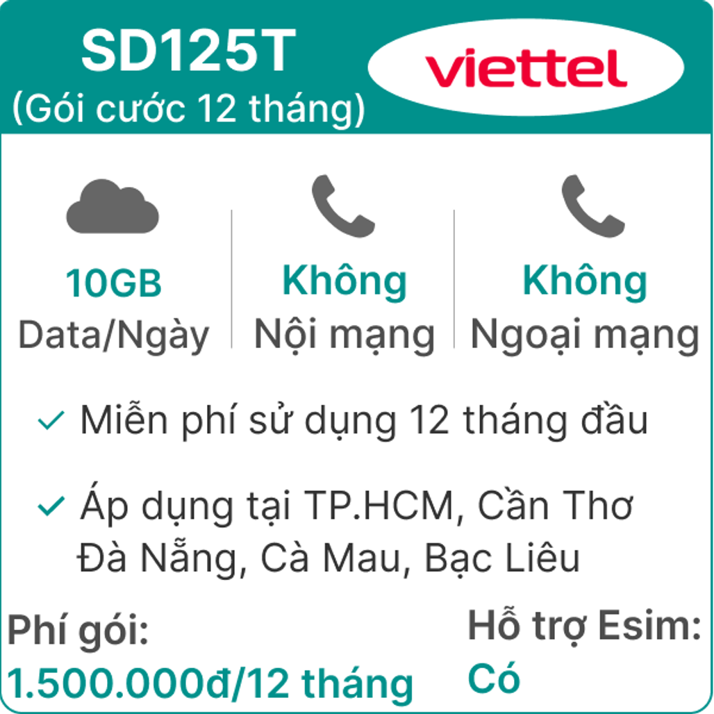 Sim 4G Viettel 12SD125T 10GB/Ngày (3GB toàn quốc + 7GB 1 số tỉnh) - Free 12 tháng