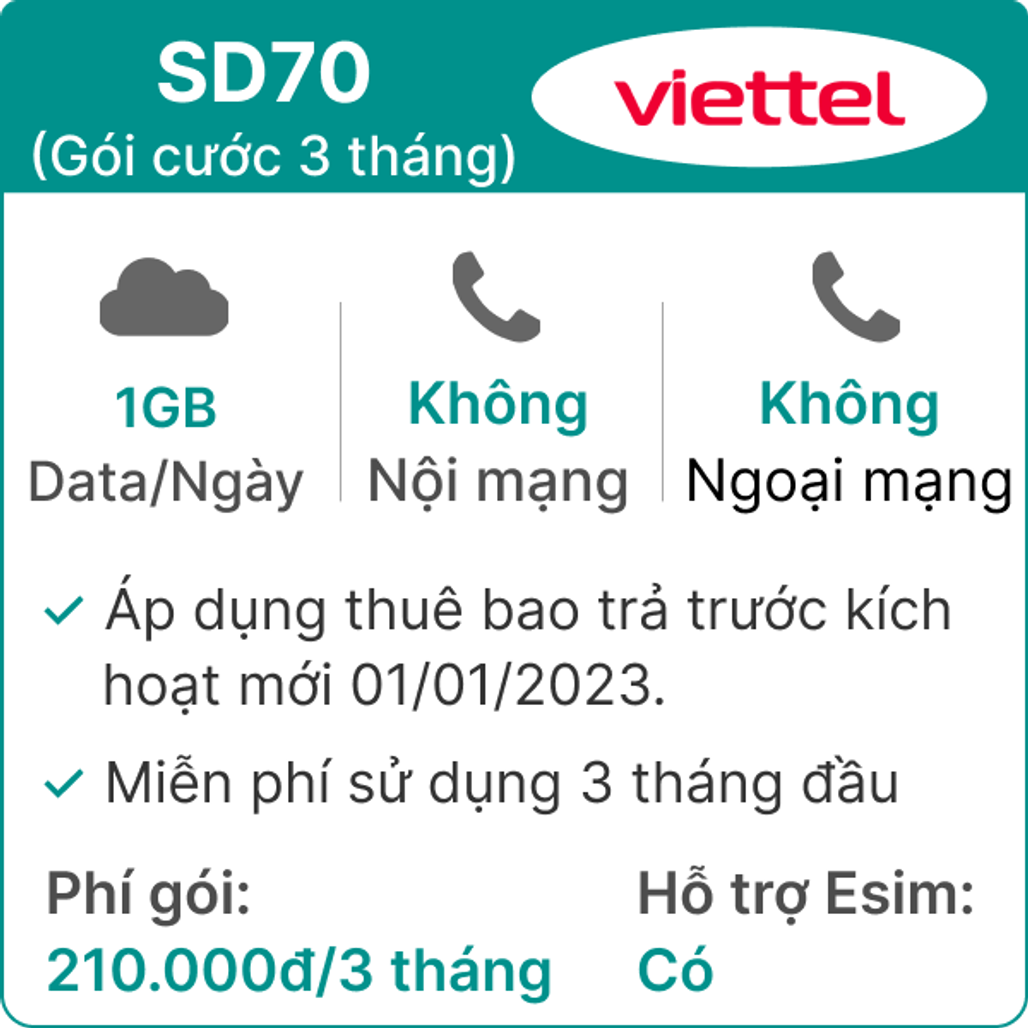 Sim 4G Viettel 3SD70 1GB/Ngày - 3 tháng