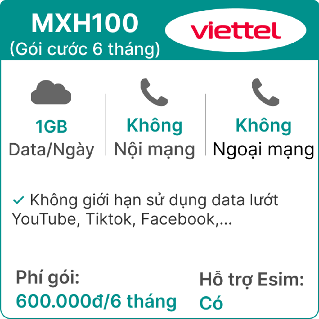 Sim 4G Viettel 6MXH100 1GB/Ngày (Free Tiktok- YTB- FB) - 6 tháng