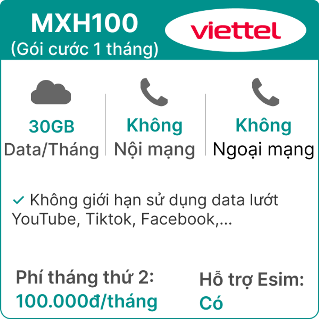 Sim Viettel MXH100 1GB/Ngày - Gói cước 1 tháng