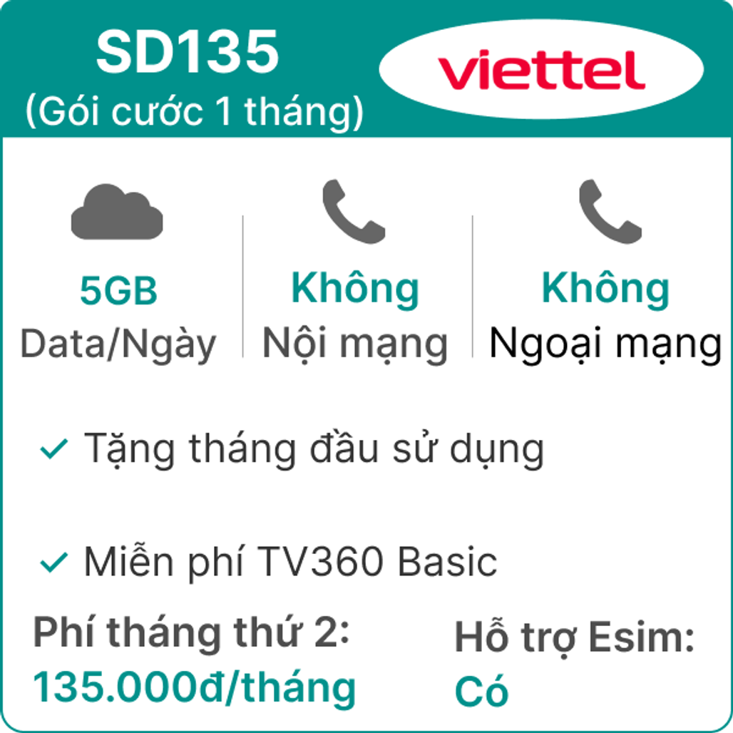 Sim Viettel SD135 5GB/Ngày - Gói cước 1 tháng