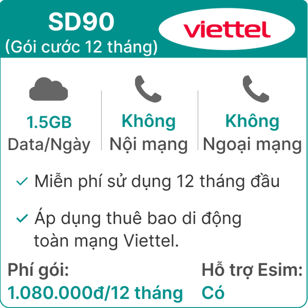 Sim 4g viettel sd90 1.5GB/ngày - free 12 tháng