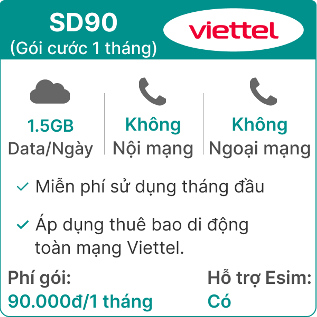 Sim 4g Viettel SD90 1.5GB/Ngày