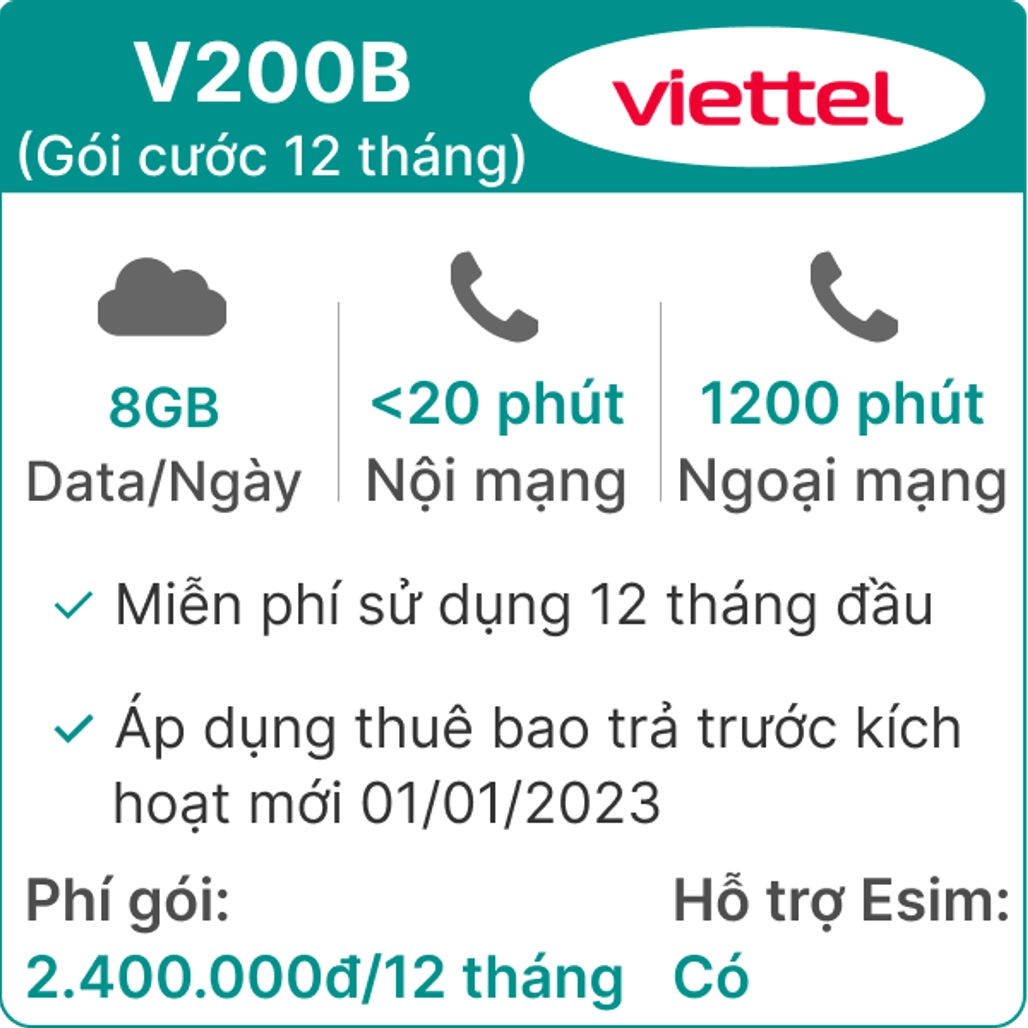 Sim Viettel V200B 8GB/Ngày - Free 12 tháng