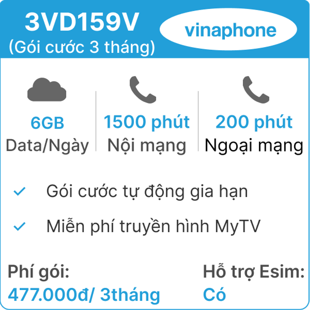 Sim 4G Vinaphone 3VD159V (6GB/Ngày) - 3 tháng có nghe gọi (thành phẩm)