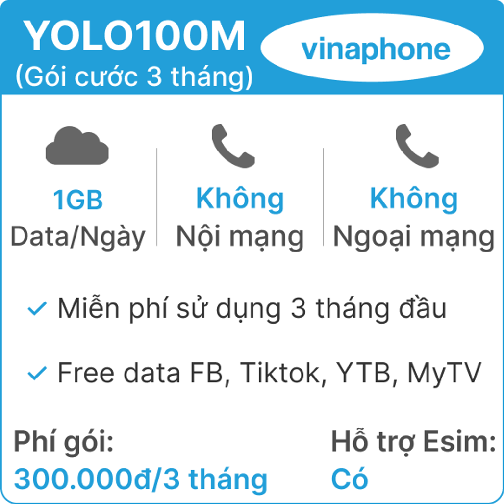 Sim 4G Vinaphone 3YOLO100 (1GB/Ngày) (Free Tiktok- YTB- FB) - 3 tháng (Thành phẩm)