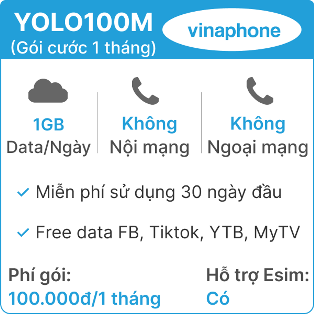 Sim 4G Vinaphone YOLO100 (1GB/Ngày) (Free Tiktok- YTB- FB) - 1 tháng (Thành phẩm)